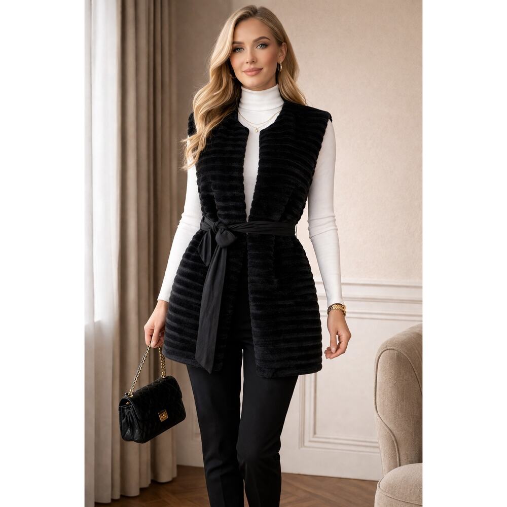NWT Ya Los Angeles Black Faux Fur Vest Womens Large Belted Open Front Longline
